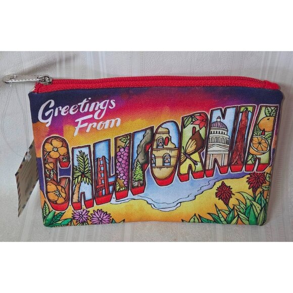 GREETINGS FROM CALIFORNIA ZIPPERED Cosmetic Bag By BRIGHTON 7".5 X  5.5" NEW - Picture 1 of 5